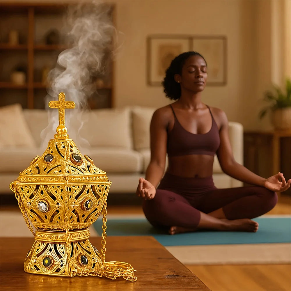 1 Yellow Incense Burner - a Beautiful Home Decoration and an Essential Part of Aromatherapy, Can Be Hung or Used as a Decorative Piece, a Luxurious Incense Burner, a Cross-Shaped Design, Does Not Include Incense Sticks, the P