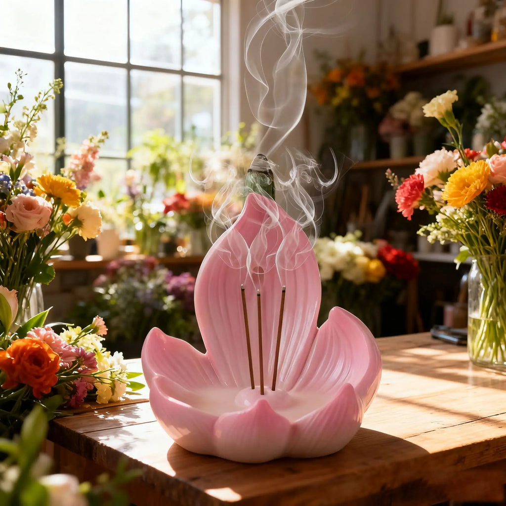 Resin Lotus Incense Burner Holder for Sticks Handmade Pink Flower Incense Ash Catcher for Yoga Meditation Spa Home Decor
