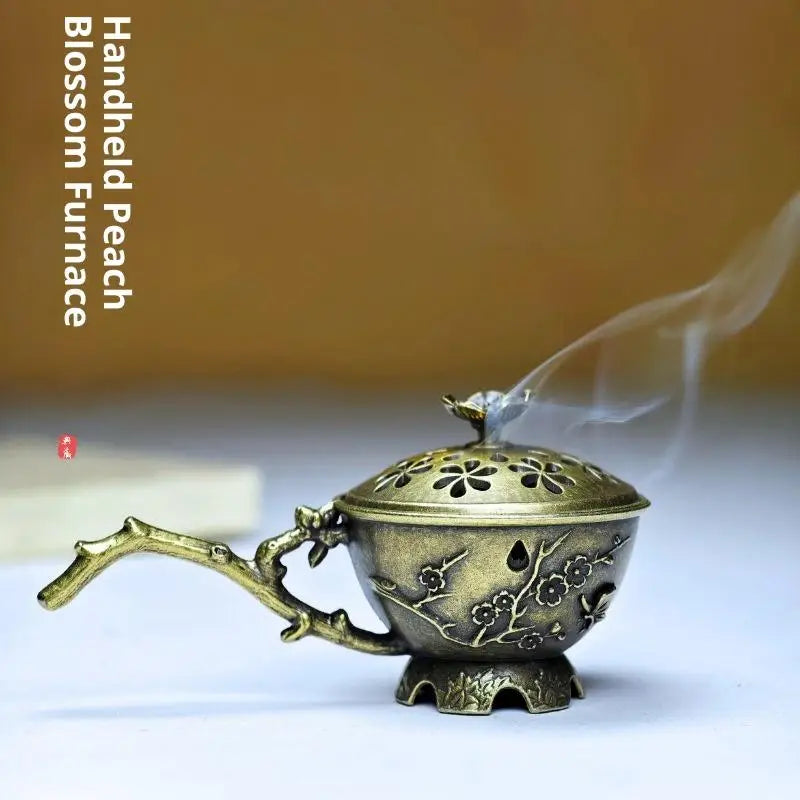 Handheld Plum Blossom Incense Holder Vintage Zinc Alloy Hollow Out Incense Stick Incense Holder With Cover Aromatherapy Ornament